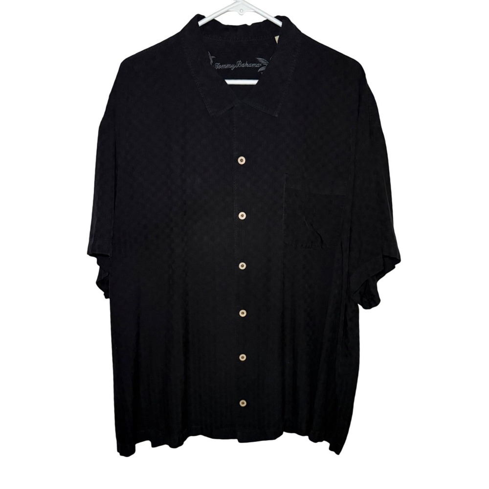Tommy Bahama Mens Black Silk Camp Shirt Textured Jacquard Button Front Size XXL